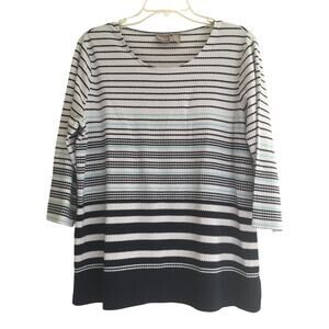 Chico's Size 2 Large Scoop Neck 3/4 Sleeve Navy Aqua Blue & White Stripes